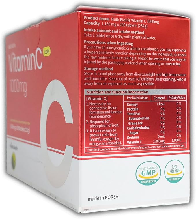 Vitamin C 1000mg (200 Tablets) - Supports a Immune System & Anti-oxidant Protection | Gluten Free - Made in Korea