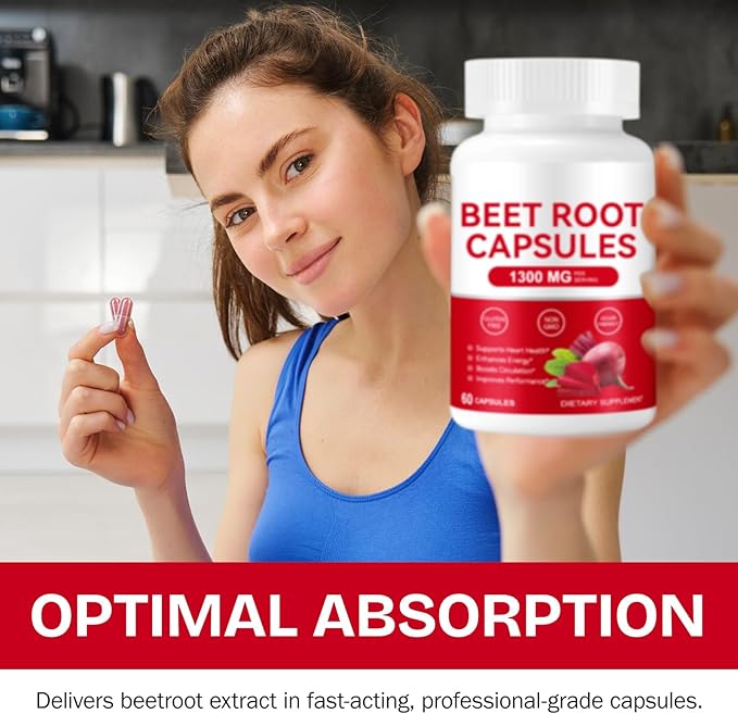 Beet Root Capsules 1300mg, Natural Organic Beetroot Powder Supplement Supports Healthy Blood Pressure and Heart Health, Energy & Endurance Support, Non-GMO, Vegan, 60 Count, 30-Day Supply