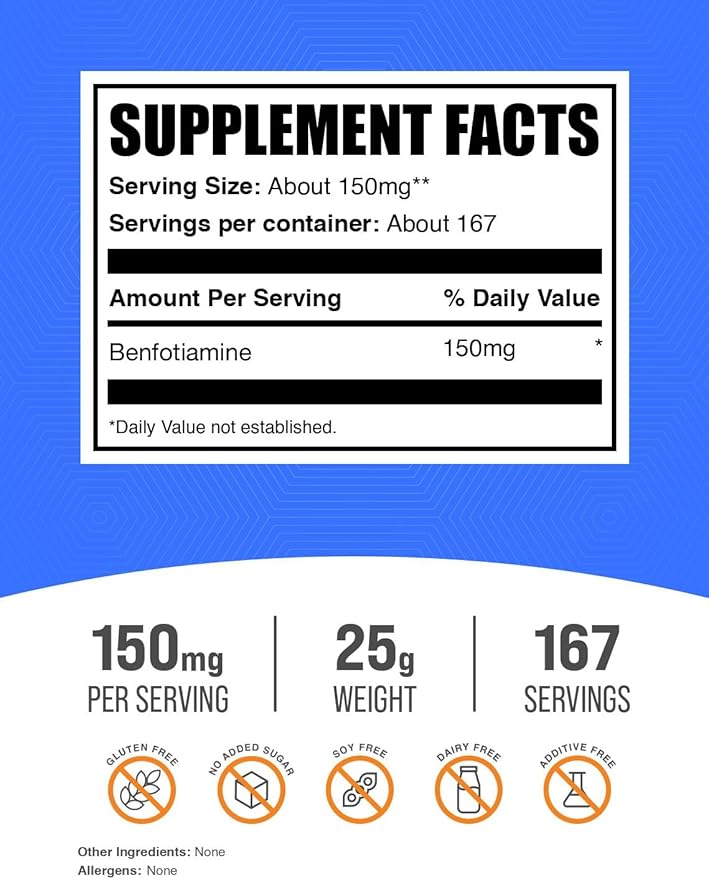 BulkSupplements.com Benfotiamine Powder -Vitamin B1 Benfotiamine Supplement, Fat Soluble B1 Vitamin - Gluten Free, 150mg per Serving, 25g (0.88 oz) (Pack of 1)