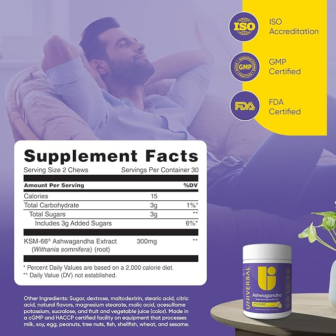 Universal U Calm + Focus Ashwagandha Chews – KSM-66® 300 mg Clinically Studied Extract for Stress Relief, Mood Balance & Calm Energy – Lemon Flavor – 60 Chews