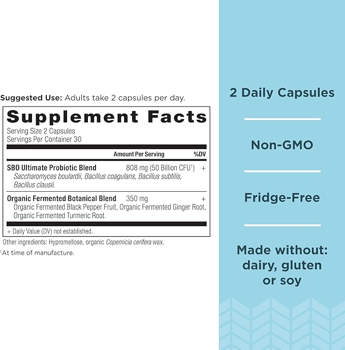 Ancient Nutrition Probiotics, SBO Probiotics Ultimate 50 Billion CFUs*/Serving, Digestive and Immune Support, Gluten Free, Ancient Superfoods Blend, 60 Capsules