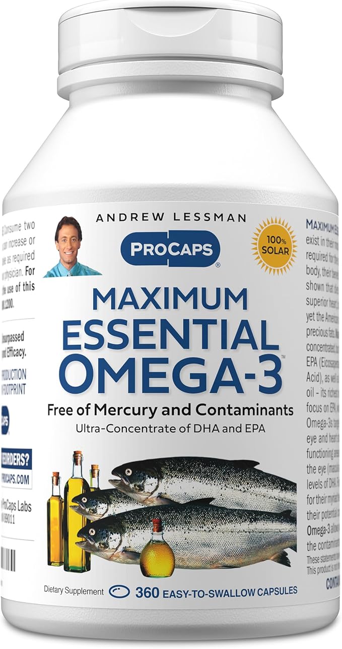 ANDREW LESSMAN Maximum Essential Omega-3 Unflavored, 360 Softgels - Ultra-Pure Omega-3 Fish Oil 1200 mg-High DHA, No Mercury Supplement-Small, Easy to Swallow Fish Oil Capsules