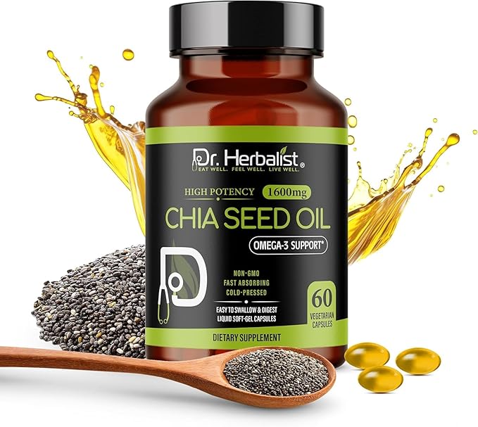 Dr. HERBALIST Chia Seed Oil 1600mg Softgels - Plant-Based Superfood Supplement with Omega 3 Fatty Acids, Antioxidants & Natural Nutrients - 60 Capsules for Men & Women