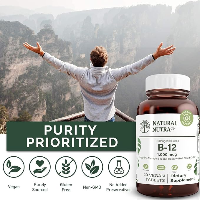 Natural Nutra Vitamin B12 1000 mcg, Cobalamin B 12 Supplement, Calcium Phosphate, Help in Metabolism Health, Supports Nervous System, Optimal Absorption, Gluten Free, Sugar Free, 60 Vegan Tablets