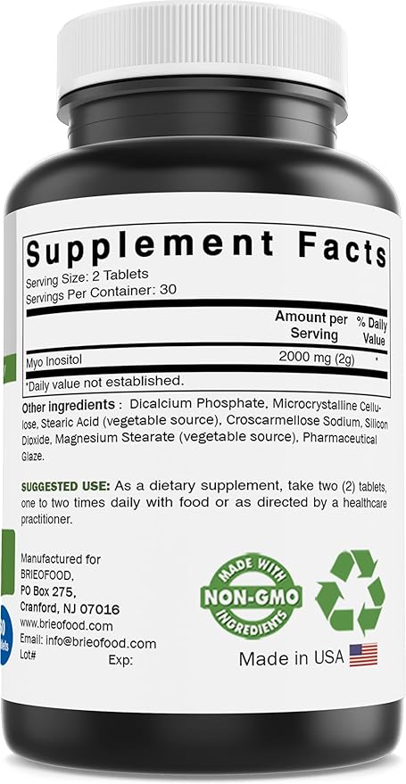 Brieofood Myo Inositol 2000 mg per Serving - 60 Tablets - 3rd Party Lab Tested (Pack of 2)