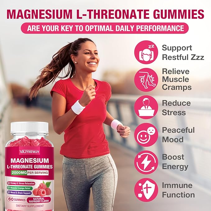 Magnesium L-Threonate Gummies - 2000mg for Brain, Muscle & Nervous System Support. Sugar-Free Raspberry Flavor, 60 Count for Kids & Adults