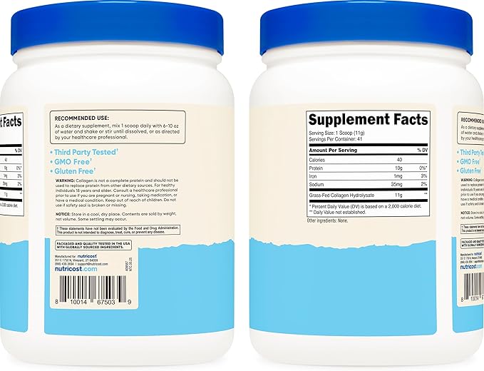 Nutricost Collagen Peptides Powder 1LB (454 G) - Grass Fed Bovine Collagen Hydrolysate (Unflavored)