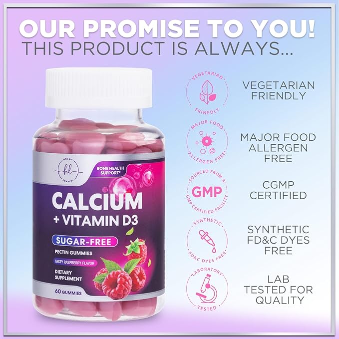 Calcium Gummies with Vitamin D3 10 mcg per Serving - Sugar Free Calcium Supplements for Bone Strength, Teeth & Immune Health Support - Natural Chews, Berry Flavored & High Absorption - 60 Gummies