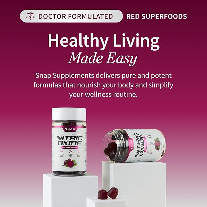 Snap Supplements Nitric Oxide Gummies - Beet Root Extract 300mg, Sugar Free Beetroot Supplement with Pomegranate Powder for Circulation & Natural Energy, 60 Vegan Gummies (3-Pack), Cherry Flavor
