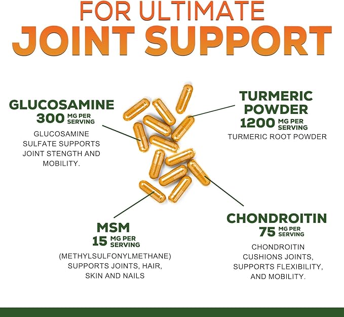 Turmeric Curcumin Supplement - 95% Curcuminoids with Glucosamine, Ginger & MSM, BioPerine Black Pepper Extract for Best Absorption, Natural Vegan Joint Support, Non-GMO, Bottled in USA - 240 Capsules