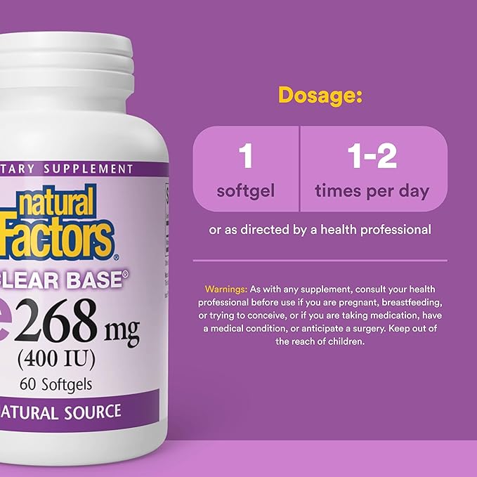 Natural Factors, Clear Base Vitamin E 400 IU, Antioxidant Support for Cardiovascular and General Health, 60 softgels (60 servings)
