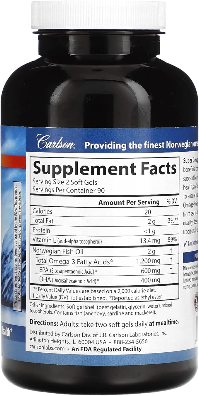 Carlson - Super Omega-3 Gems, 1200 mg Omega-3s, Cardiovascular Support, Brain Function & Vision Health, 180 soft gels