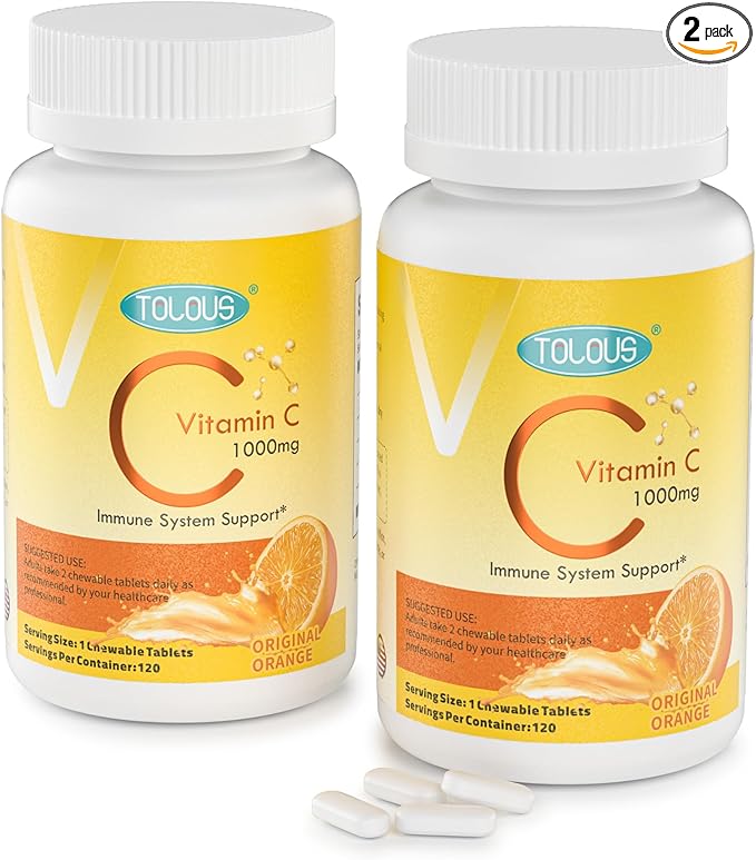 1000mg Vitamin C, 120 Chewable Tablets, 60 Day Supply, Supplement for Immune Support, Gluten-Free, Orange Flavor, 2 Pack