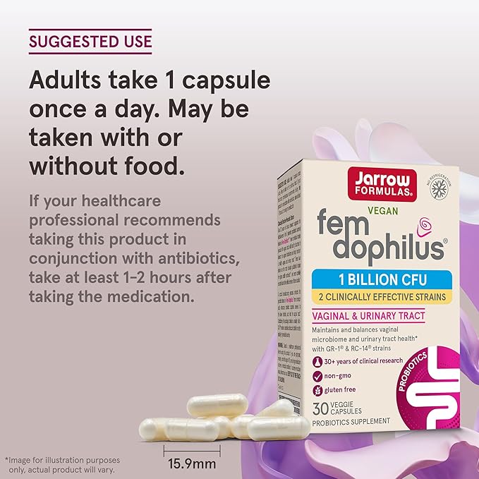 Jarrow Formulas Fem-Dophilus Vaginal Probiotics 1 Billion CFU with 2 Science-Backed Strains, Dietary Supplement for Vaginal & Urinary Tract Support, 30 Capsules, Up to a 30 Day Supply, Shelf-Stable