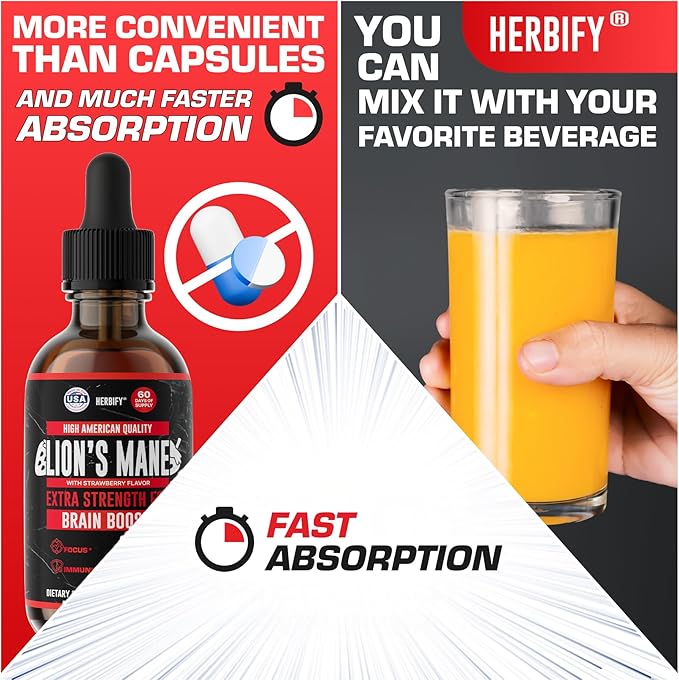 HERBIFY Lions Mane Supplement - Daily Mushroom Supplement for Memory, Focus & Clarity - Brain Booster - Lions Mane Tincture for Immune Support - 4 Fl oz Strawberry Flavor