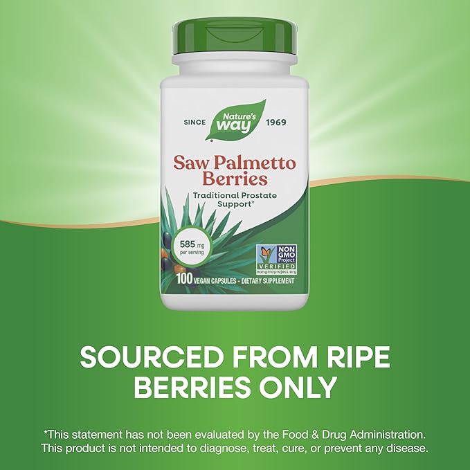 Nature's Way Saw Palmetto Berries, Traditional Prostate Support*, 585 mg per serving, Non-GMO Project Verified, Vegan, 100 Capsules (Packaging May Vary)