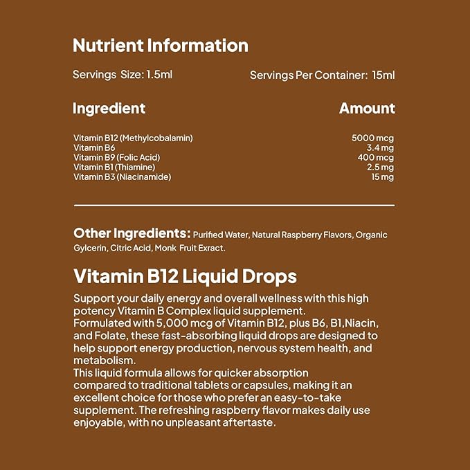 Vitamin B12 Liquid Drops 5000mcg, Liquid B12 Sublingual Drops & B12 Methylcobalamin for Women & Men Vitamin B Complex Energy Boost, Focus & Mood, Brain Health Support, 30ml x 2 Pack