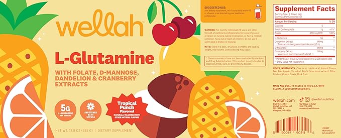 Wellah L-Glutamine Powder Tropical Punch (50 Servings) - 5g L-Glutamine Per Serving, Sweetened with Stevia