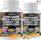 Vitamax Lions Mane Mushroom, Turkey Tail, Chaga & Reishi, Cordyceps Shiitake White Elm King Trumpet Nameko Oyster Porcini Focus & Energy - Made in USA
