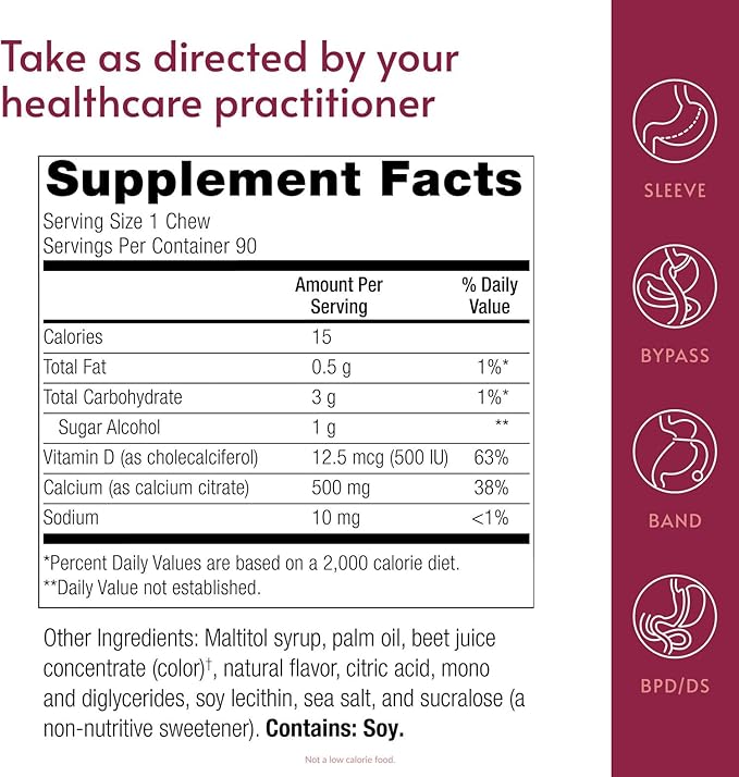 Bariatric Advantage Calcium Citrate Chewy Bites 500 mg - Highly Absorbable & Digestible - Vitamin D3 - Easily Chewable Calcium Supplement - Raspberry Flavor - 90 Count