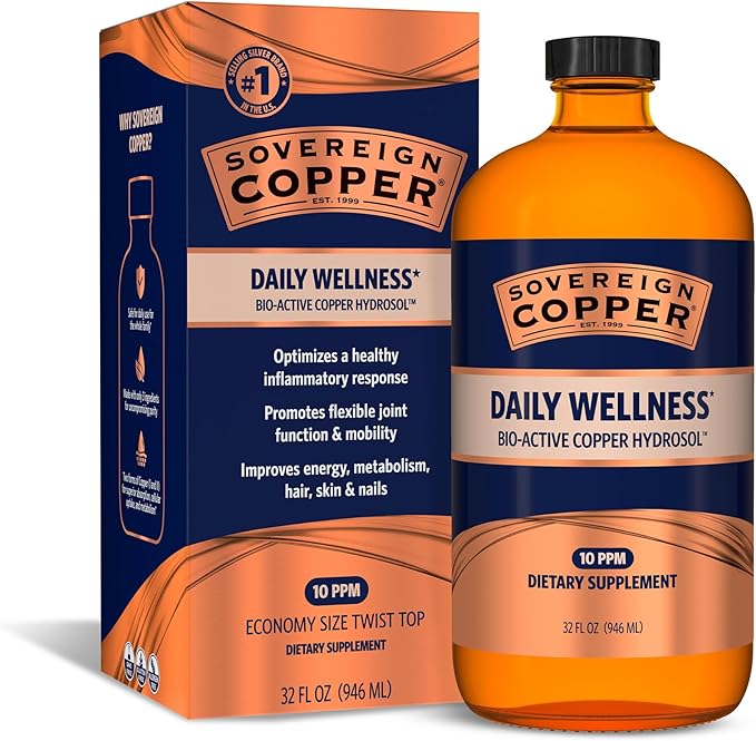 Sovereign Copper Bio-Active Copper Hydrosol, Daily+ 4-in-1 Wellness Supplement for Joint, Bone, Hair, Skin and Nails, Cardiovascular Health, Energy and Metabolic Health Support, 32 fl oz (946mL)