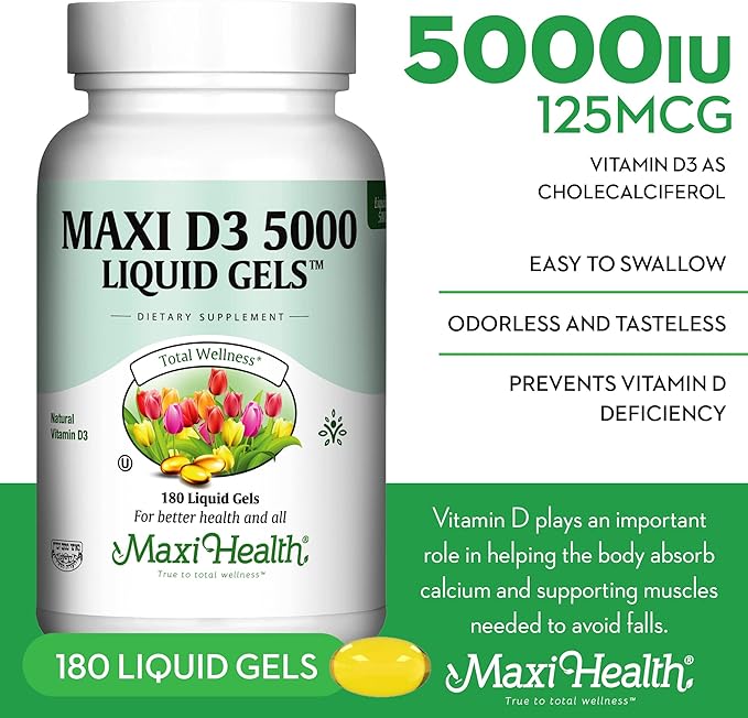 Maxi Health Vitamin D3 5000 IU Softgels - 125 mcg D3 Vitamin 5000 IU - Vitamin D 5000 IU for Healthy Bones & Teeth - Dietary Vitamins Supplements for Immune Support - (180 Count)