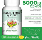 Maxi Health Vitamin D3 5000 IU Softgels - 125 mcg D3 Vitamin 5000 IU - Vitamin D 5000 IU for Healthy Bones & Teeth - Dietary Vitamins Supplements for Immune Support - (180 Count)