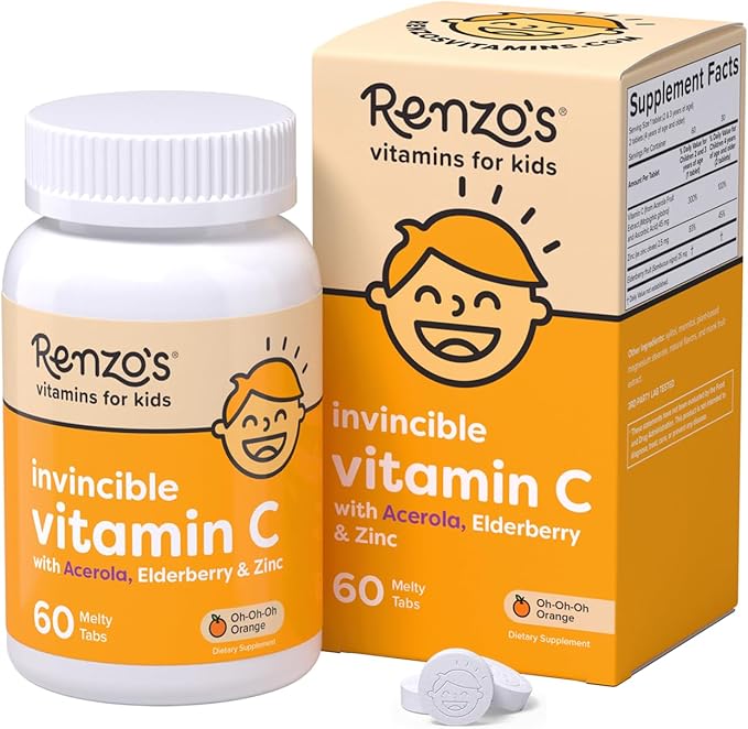 Renzo's Invincible Kids Vitamin C with Elderberry Vitamin C and Zinc, Dissolvable Kids Vitamins for Immune Support, Sugar-Free Melty Tabs, Orange Flavor, 60-Count (1-2 Month Supply)