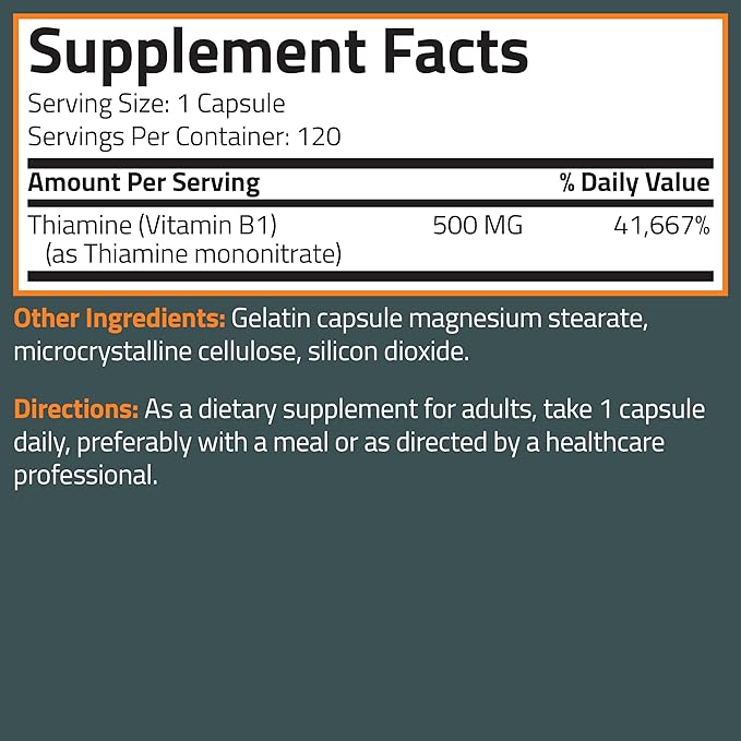 Bronson Vitamin B1 Extra Strength 500 MG High Potency Non-GMO, 120 Capsules