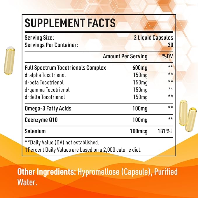 Kroppssund Tocotrienols 800mg Supplement | Rich in Vitamin E Tocotrienols | Cardiovascular, Antioxidant, Cellular Energy Production - 120 Liquid Capsules