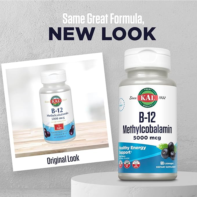 KAL Vitamin B-12 Methylcobalamin Lozenges 5000mcg, Healthy Energy, Metabolism, Nerve & Red Blood Cell Support,* Optimal Absorption, Natural Acai Flavor, Vegan, Sugar Free, 60 Servings, 60 Lozenges