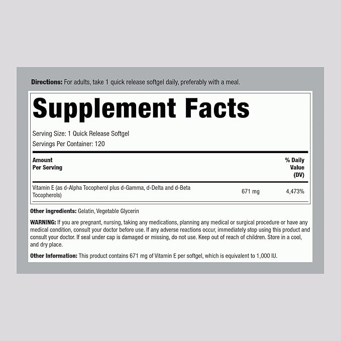 Piping Rock Vitamin E 1000 IU Softgels | 120 Count | with D-Alpha and Mixed Tocopherols | Supplement for Men and Women | Gluten Free, Non-GMO