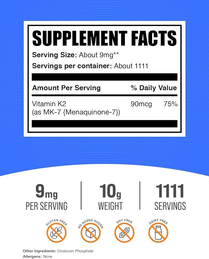 BulkSupplements.com Vitamin K2 Powder - Vitamin K2 MK-7, as Menaquinone Powder - K2 Vitamin Supplement for Wellness, Gluten Free, 9mg per Serving, 10g (0.35 oz) (Pack of 1)