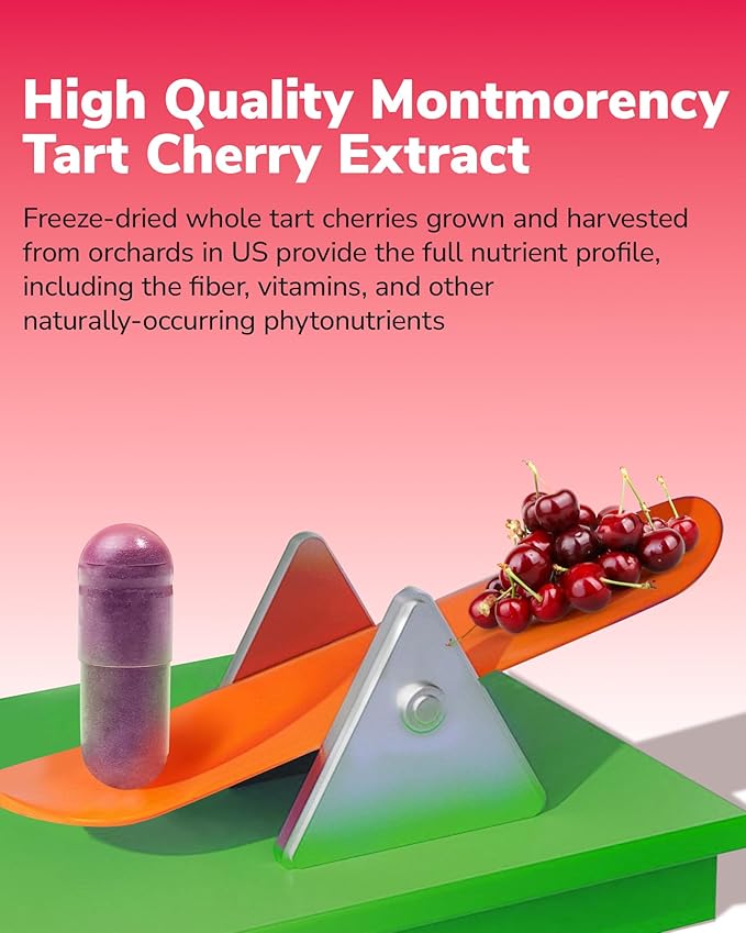 Tart Cherry Capsules, 500 mg Tart Cherry Extract Per Capsule, Montmorency Tart Cherries, Uric Acid Balance, Immune Support, Non-GMO, 120 Vegan Capsules