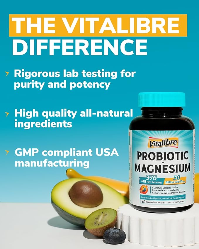 Vitalibre Probiotic with Magnesium, 50 Billion CFU, 9 Strains, Magnesium Glycinate Citrate Malate Taurate, for Digestion, Immunity, Bone, Energy & Recovery, 60 Vegan Capsules, Non-GMO
