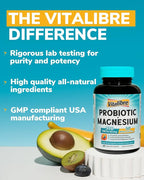 Vitalibre Probiotic with Magnesium, 50 Billion CFU, 9 Strains, Magnesium Glycinate Citrate Malate Taurate, for Digestion, Immunity, Bone, Energy & Recovery, 60 Vegan Capsules, Non-GMO