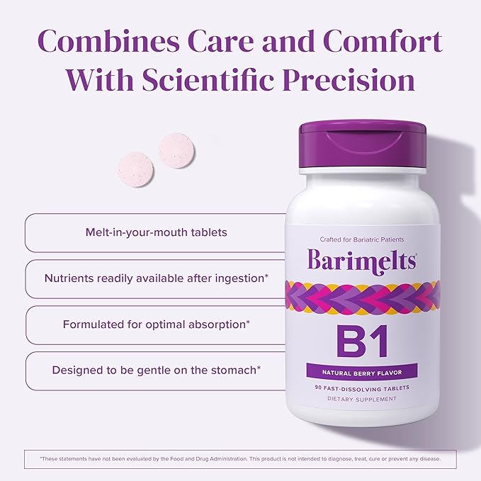 BariMelts Vitamin B1, 180 Fast-Dissolving Tablets (6-Month Supply), Sugar-Free Bariatric Vitamins for Women, Natural Berry Flavor