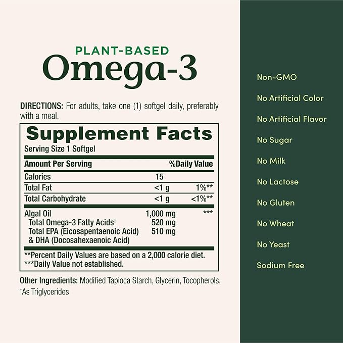 Nature's Bounty Omega 3, Plant-Based Omega 3 Fatty Acid Supplement, 520mg, Supports Whole Body Health Including Heart, Skin, Joint, 30 Vegetarian Softgels, Fish Oil Alternative (Pack of 2)