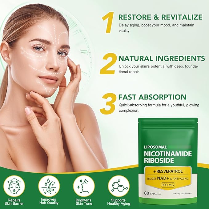 Daiasns NAD+ Supplement 900mg - Liposomal Nicotinamide Riboside & Resveratrol, Supports Muscle, Brain, Cellular Energy - NMN Supplement Alternative for Men and Women, 80 Capsules (Pack of 1)