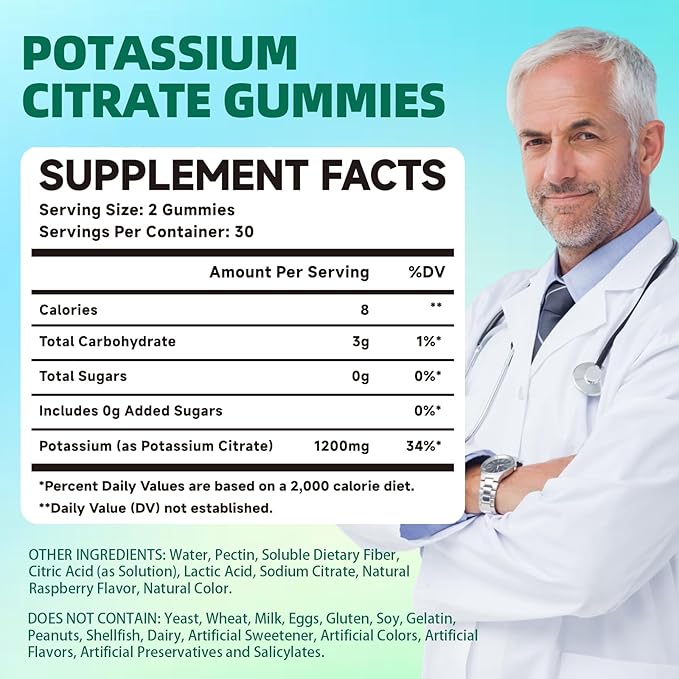 Potassium Citrate Supplement Gummies, Potassium Supplements for Women & Men, Helps Maintain Muscle Wellness & Electrolyte Balance, Vegan, Raspberry Flavor, 60 Count Potassium Gummies