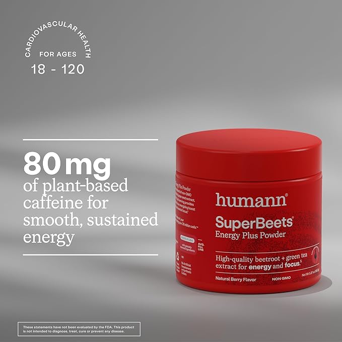 Humann SuperBeets Energy Plus with Grape Seed Extract - Beet Root Powder, Green Tea Extract, Caffeine, Vitamin C, Non-GMO, 5.87oz