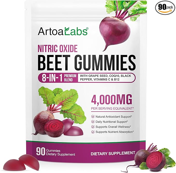Beet Root Gummies,90 Heart Health Chews for Blood Pressure Support Supplements,Red Beets Supplements with Beetroot, Grape Seed, Coq10,B Vitamins,90 Beet Chews