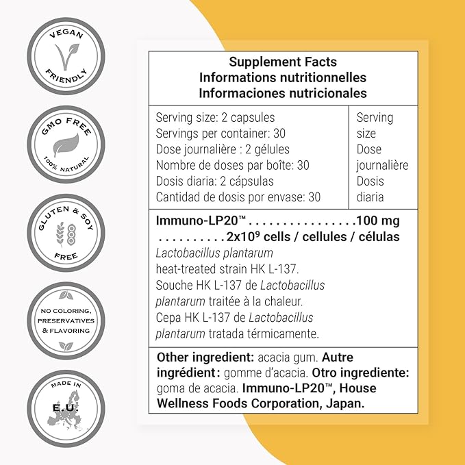Supersmart - Lactobacillus Plantarum PostBiotic 20 Billion CFU per Day (Immuno-LP20) - Heat-Treated Probiotic Supplement | Non-GMO & Gluten Free - 60 Vegetarian Capsules