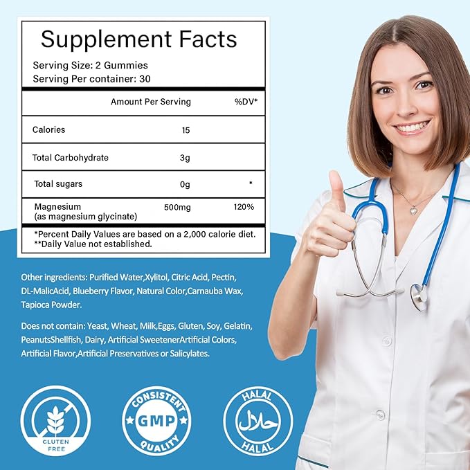 Magnesium Glycinate Gummies 2 Bottles, Sugar-Free for Adults & Kids, Best Magnesium Gummies for Sleep, Stress & Muscle Relief, Supports Bone & Nerve Health, Vegan, Pectin-Based, Blueberry Flavor