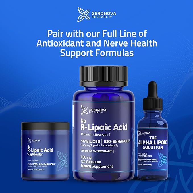 Geronova Research Bio-Enhanced R-Lipoic Acid, 600 mg Dose - 2 Month Supply - Stabilized R Alpha Lipoic Acid with Enhanced Absorption - R Lipoic Acid Supplement - 120 Capsules