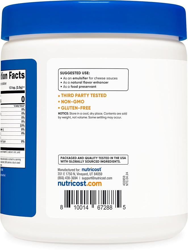 Nutricost Sodium Citrate Powder 1LB (16oz) - Food Grade, Non-GMO - Emulsifier, Natural Flavor Enhancer, Food Preservant
