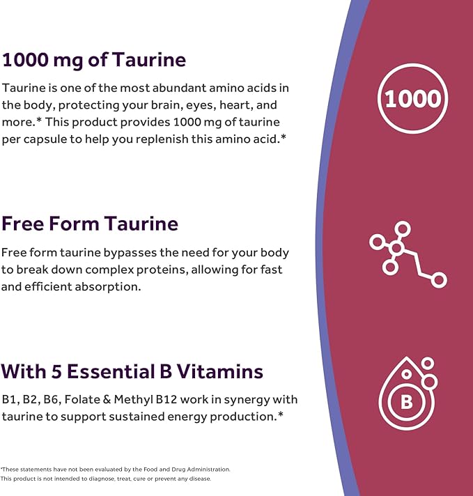 Doctor's Recipes Taurine Supplement 1000mg, Amino Acids Supplement with Vitamins B1, B2, B6, Folate, Methyl B12, Non-GMO, No Gluten & Soy, Support Heart, Visual, Nerve Health, 120 Veggie Capsules