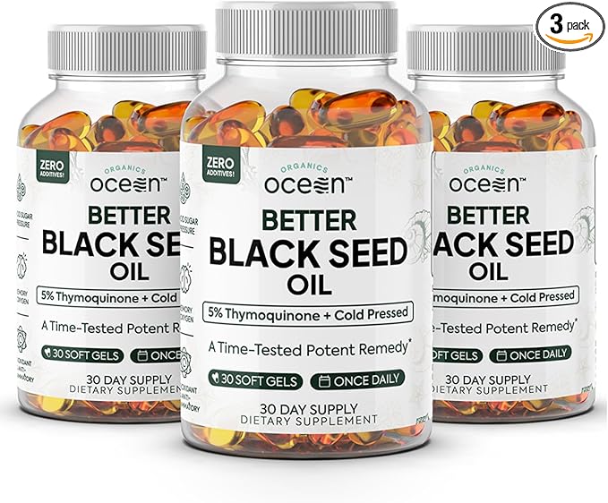 Organics Ocean Better Black Seed Oil Cold Pressed - Pure Nigella Sativa Oil for Immune Support - 5% Thymoquinone - Support Memory, Vitality, and Cellular Health - 3 Pack Bulk Supply