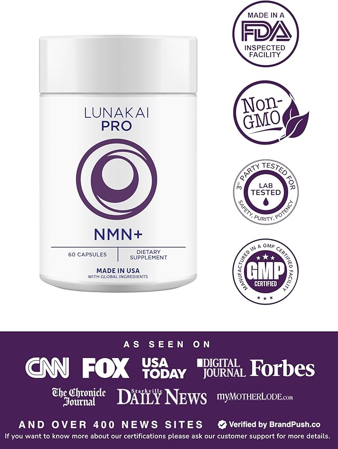 Lunakai USA Made NMN Supplement 500mg 6-in-1 with TMG & Resveratrol 98% - Daily NAD+ & Energy Support for Healthy Aging & Cellular Health, Nicotinamide Mononucleotide, 60 Capsules