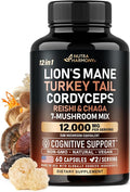 Mushroom Supplement - Organic Lions Mane | Turkey Tail | Chaga | Cordyceps | Reishi | Maitake | Shiitake | Meshima | Tremella | Oyster | Agaricus - Made in USA - Non GMO, Gluten Free - 60 Capsules